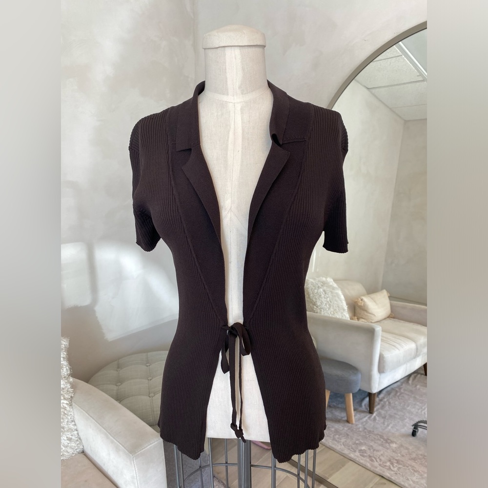90s Y2K MINIMALIST BROWN KNIT TIE TOP BLOUSE